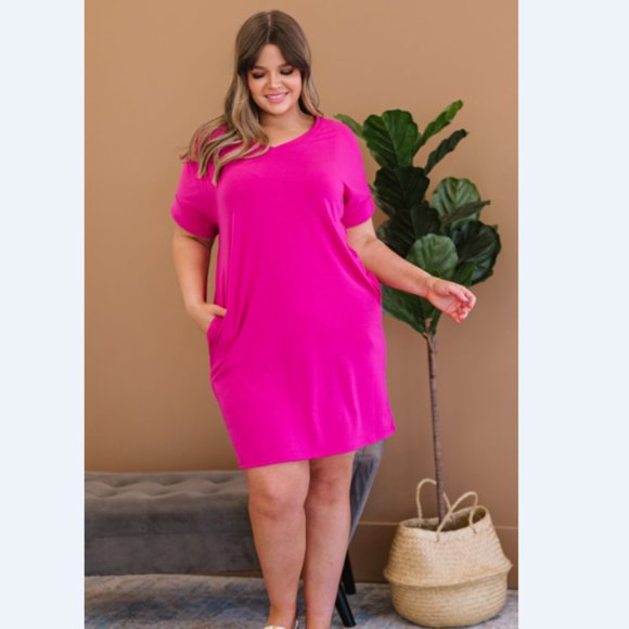 Natural Beauty Full Size Run T-Shirt Dress with Pockets in Magenta - Picture 8 of 13